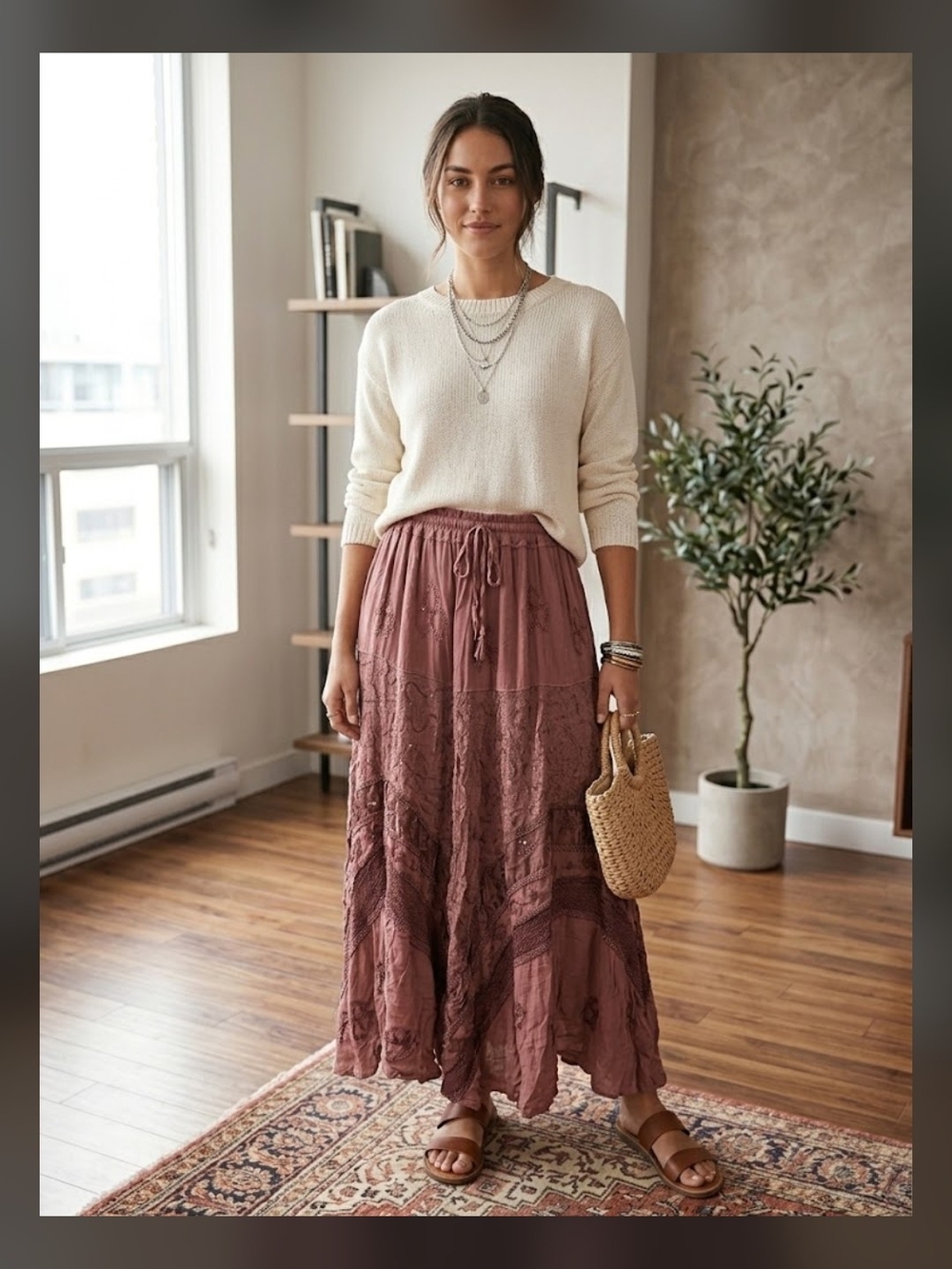 Vintage Boho Dusty Rose Embroidered Maxi Skirt | Drawstring Adjustable Waist